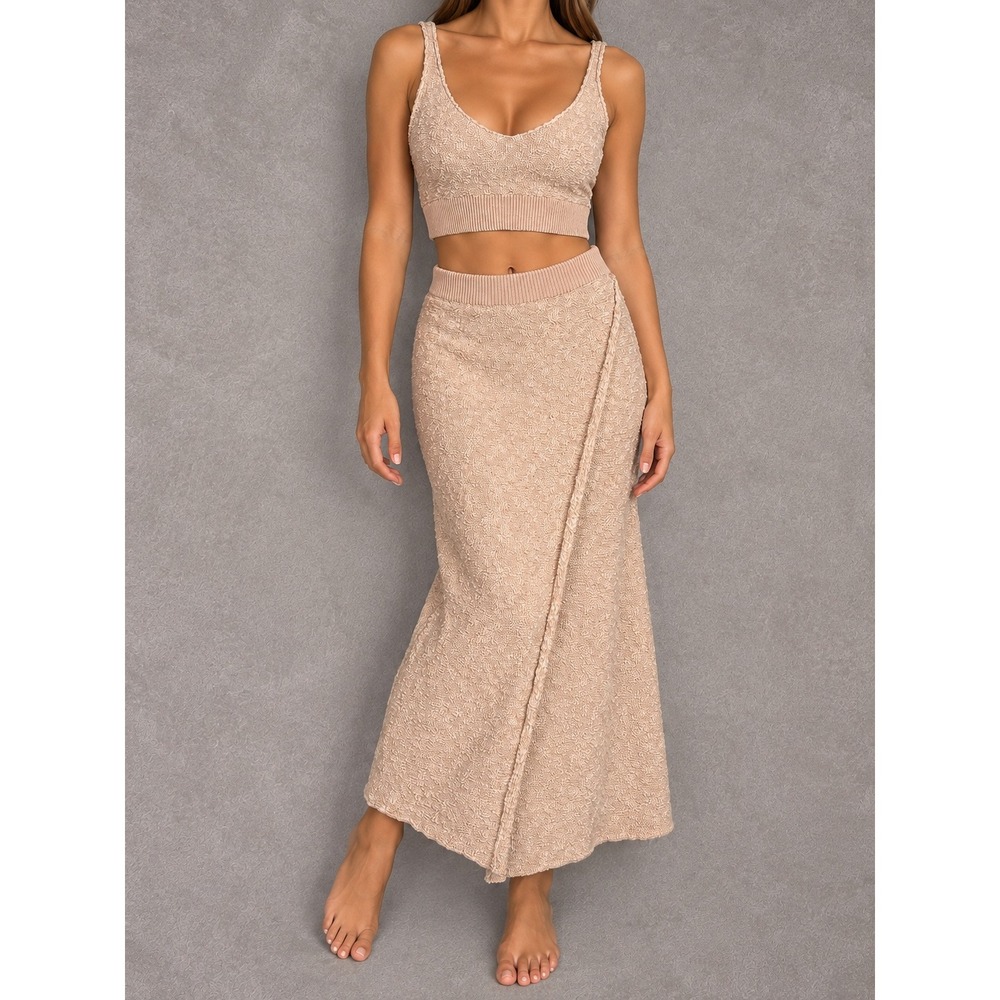 Free People FP Beach Knit Set Womens Medium Beige Crop Top Maxi Skirt 2 Piece